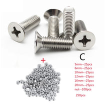 Load image into Gallery viewer, Screws 250pc/set A2 Stainless Steel M3 Cap/Button/Flat Head Screws Sets Phillips Hex Socket Bolt With Hex Nuts Assortment Kit Mayitr