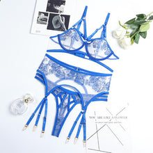 Load image into Gallery viewer, Aduloty Women's Erotic Underwear Thin Section See-Through Mesh Embroidery Sexy Lingerie Underwire Bra Garter Belt Thong Suit