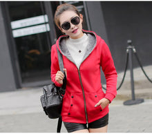Load image into Gallery viewer, Women Autumn Winter Warm Mid Length Solid Color Cotton Coat Thicken Fleece Lined Hooded Hoodie