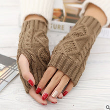 Load image into Gallery viewer, Wool Knitted Rhombus Oversleeve Half Finger Short 20cm Warm Open Finger Gloves Female Student Gloves