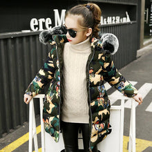 Load image into Gallery viewer, Girls Long Cotton Coat 2021 Autumn and Winter Hooded Long Sleeve Thicken Camouflage Print Fur Collar Jacket