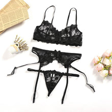 Load image into Gallery viewer, Embroidered Flower Sheer Mesh Lingerie Set Women's Lace Breathable Gathered Underwire Big Bow Bra and Garter Panties 3PS