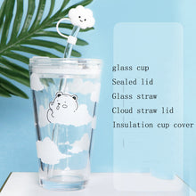 Load image into Gallery viewer, 480ml Glass Water Bottle with Straw Cartoon Clouds Straw Cup Leakproof Portable Drinking Bottle with a Sealing Cap Lid