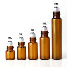 Load image into Gallery viewer, 5PC/Pack 1ml 2ml 3ml 5ml 10ml Amber Thin Glass Roll on Bottle Sample Test Essential Oil Vials with Roller Metal /Glass Ball