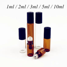 Load image into Gallery viewer, 5PC/Pack 1ml 2ml 3ml 5ml 10ml Amber Thin Glass Roll on Bottle Sample Test Essential Oil Vials with Roller Metal /Glass Ball