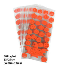 Load image into Gallery viewer, 50/100pcs Pumpkin Skull Bat Candy Bag Transparent Cellophane Plastic Package Bag for Happy Halloween Party Gifts Cookies Supplie