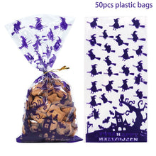 Load image into Gallery viewer, 50pcs Clear Cellophane Packing Bag Halloween Party Decor Trick or Treat Bags Bat Witch Spider Printed Plastic Candy Gift Bags
