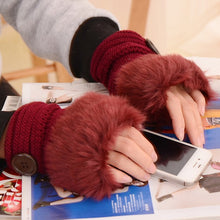 Load image into Gallery viewer, Korean Style Student Knitting Wool Gloves Faux Rabbit Fur Gloves Women's Button Half Finger Gloves