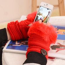 Load image into Gallery viewer, Korean Style Student Knitting Wool Gloves Faux Rabbit Fur Gloves Women's Button Half Finger Gloves