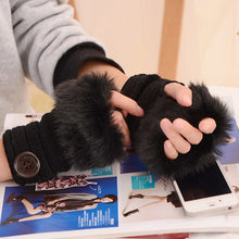 Load image into Gallery viewer, Korean Style Student Knitting Wool Gloves Faux Rabbit Fur Gloves Women's Button Half Finger Gloves