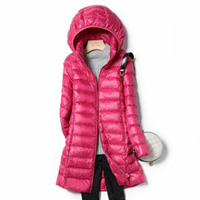Load image into Gallery viewer, Women Fall Winter Stand Collar Hooded Solid Color Zipper Long White Duck Down Jacket M-5XL