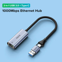 Load image into Gallery viewer, RJ45 Ethernet adapter with USB Hub and Gigabit Ethernet Port 1000Mbps【Type-C + USB 3.0 2-in-1 Dual Interface / with Type C power supply interface】