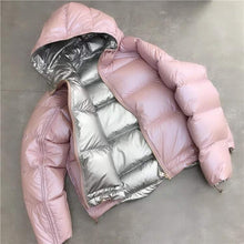 Load image into Gallery viewer, Women's Fashion Winter Warm Short Silver Shiny Down Jacket Thick Hooded Reversible Puffer Coat
