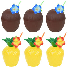 Load image into Gallery viewer, 6Pcs Tropical Pineapple Coconut Drinking Cup Juice Cups with Straws Hawaiian Luau Birthday Summer Beach Pool Party Decorations