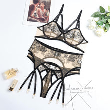 Load image into Gallery viewer, Aduloty Women's Erotic Underwear Thin Section See-Through Mesh Embroidery Sexy Lingerie Underwire Bra Garter Belt Thong Suit