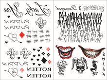 Load image into Gallery viewer, 4pcs/set Waterproof Temporary Tattoo Sticker Skull Joker Clown Pattern Tattoo Water Transfer Body Art Fake Tattoo for Women Men #255337