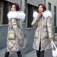 Load image into Gallery viewer, Winter Big Fur Collar Down Cotton Women Bright Face Mid-length Loose Cotton Jacket