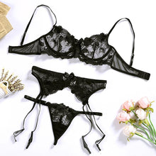 Load image into Gallery viewer, Embroidered Flower Sheer Mesh Lingerie Set Women's Lace Breathable Gathered Underwire Big Bow Bra and Garter Panties 3PS