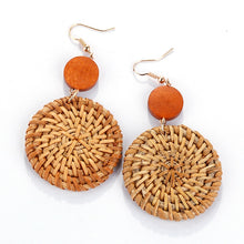 Load image into Gallery viewer, Handmade Rattan Wooden Drop Earrings for Women Bohemian Ethnic Geometric Round Waterdrop Wood Dangle Earrings Jewelry