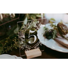 Load image into Gallery viewer, Acrylic Calligraphy Table Numbers With Wood Holder Set,Wedding Event Shower Number Sign.Personalized Modern Wedding Table Number