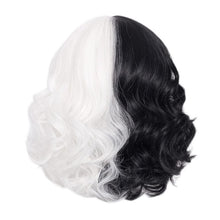 Load image into Gallery viewer, Cruella de Vil Short Cruly Half Black And Half White Cosplay Wig Heat Resistant Synthetic Hair Halloween Hair + a wig cap