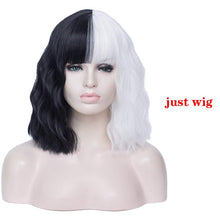 Load image into Gallery viewer, Cruella de Vil Short Cruly Half Black And Half White Cosplay Wig Heat Resistant Synthetic Hair Halloween Hair + a wig cap