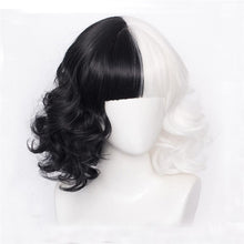 Load image into Gallery viewer, Cruella de Vil Short Cruly Half Black And Half White Cosplay Wig Heat Resistant Synthetic Hair Halloween Hair + a wig cap