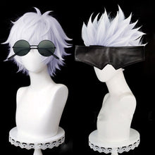 Load image into Gallery viewer, Anime Jujutsu Kaisen Gojo Satoru Cosplay Wig Silver Short Fluffy Layered Heat Resistant Synthetic Hair Wigs + Eyepatch + Glasses