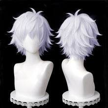Load image into Gallery viewer, Anime Jujutsu Kaisen Gojo Satoru Cosplay Wig Silver Short Fluffy Layered Heat Resistant Synthetic Hair Wigs + Eyepatch + Glasses