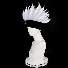 Load image into Gallery viewer, Anime Jujutsu Kaisen Gojo Satoru Cosplay Wig Silver Short Fluffy Layered Heat Resistant Synthetic Hair Wigs + Eyepatch + Glasses