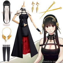 Load image into Gallery viewer, Anime Spy Family Yor Forger Cosplay Killer Assassin Gothic Halter Black Dress Outfit Uniform Costume with Leather Arms