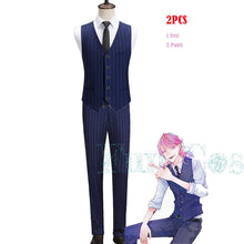 Load image into Gallery viewer, Tokyo Revengers Sanzu Haruchiyo Akashi Cosplay Costume Wig Earrings Blue Stripes Vest Pants Shirt Pink Tie Tenjiku Uniform