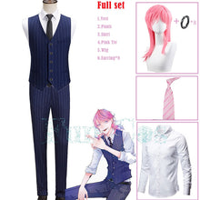 Load image into Gallery viewer, Tokyo Revengers Sanzu Haruchiyo Akashi Cosplay Costume Wig Earrings Blue Stripes Vest Pants Shirt Pink Tie Tenjiku Uniform