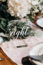 Load image into Gallery viewer, Wedding Table Numbers With Holders Clear Acrylic Calligraphy Wedding Signage Clear Wood Table Number Stand-