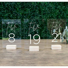 Load image into Gallery viewer, Wedding Table Numbers With Holders Clear Acrylic Calligraphy Wedding Signage Clear Wood Table Number Stand-