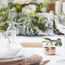 Load image into Gallery viewer, Wedding Table Numbers With Holders Clear Acrylic Calligraphy Wedding Signage Clear Wood Table Number Stand-