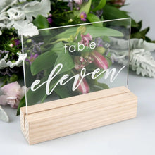 Load image into Gallery viewer, Wedding Table Numbers With Holders Clear Acrylic Calligraphy Wedding Signage Clear Wood Table Number Stand-