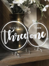 Load image into Gallery viewer, Wedding Table Numbers With Holders Clear Acrylic Calligraphy Wedding Signage Clear Wood Table Number Stand-