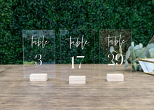 Load image into Gallery viewer, Wedding Table Numbers With Holders Clear Acrylic Calligraphy Wedding Signage Clear Wood Table Number Stand-