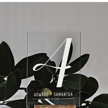 Load image into Gallery viewer, Wedding Table Numbers With Holders Clear Acrylic Calligraphy Wedding Signage Clear Wood Table Number Stand-