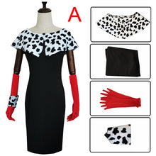 Load image into Gallery viewer, Cruella De Vil Cosplay Costume Dresses 101 Dalmatians with Cape Outfits Halloween Carnival Suit for Women Girls