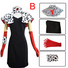 Load image into Gallery viewer, Cruella De Vil Cosplay Costume Dresses 101 Dalmatians with Cape Outfits Halloween Carnival Suit for Women Girls