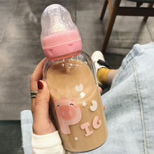 Load image into Gallery viewer, Cute Cartoon Glass Water Bottle Pacifier Straw Cup Suitable for Adult Children Milk Glass Bottle Baby feeding Bottle