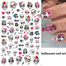 Load image into Gallery viewer, Cute Cartoon Skull Nail Stickers Spooky Halloween Decoration Ghost Bat Evil Pumpkin Sliders For Manicure Blood Nail Decal GLF886