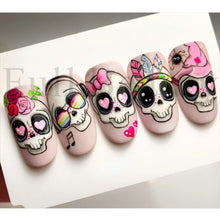 Load image into Gallery viewer, Cute Cartoon Skull Nail Stickers Spooky Halloween Decoration Ghost Bat Evil Pumpkin Sliders For Manicure Blood Nail Decal GLF886