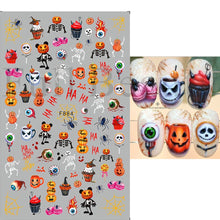 Load image into Gallery viewer, Cute Cartoon Skull Nail Stickers Spooky Halloween Decoration Ghost Bat Evil Pumpkin Sliders For Manicure Blood Nail Decal GLF886