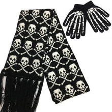 Load image into Gallery viewer, Fashion Skull Knitted Women Men Winter Scarf Skeleton Scarves Party Wraps with Black Fringe Luminous Skull Gloves