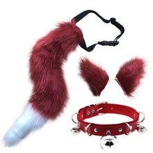 Load image into Gallery viewer, Faux Fur Kitten Wolf Long Tail Ears Hair Clips and Faux Leather Neck Collar Choker Set Halloween Party Cosplay Costume M24 21
