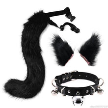 Load image into Gallery viewer, Faux Fur Kitten Wolf Long Tail Ears Hair Clips and Faux Leather Neck Collar Choker Set Halloween Party Cosplay Costume M24 21