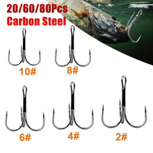 Load image into Gallery viewer, Fishing Hook 20/60/80pcs 2/4/6/8/10# High Carbon Steel Treble Hooks Fishing Tackle Tool Round Bend Fish Hook for Bass Carp